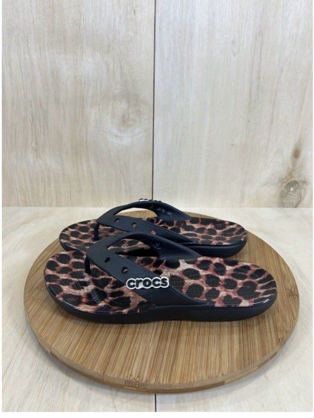 CROCS Leopard Print Flip Sandals - Black Straps, Brown/Black Footbed